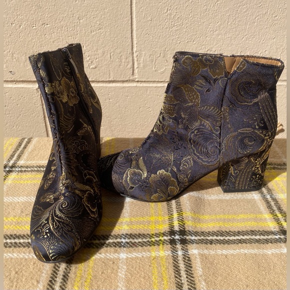 Franco Sarto Olympia Black and Gold Asian Inspired Embroidered Ankle Booties - Picture 9 of 9